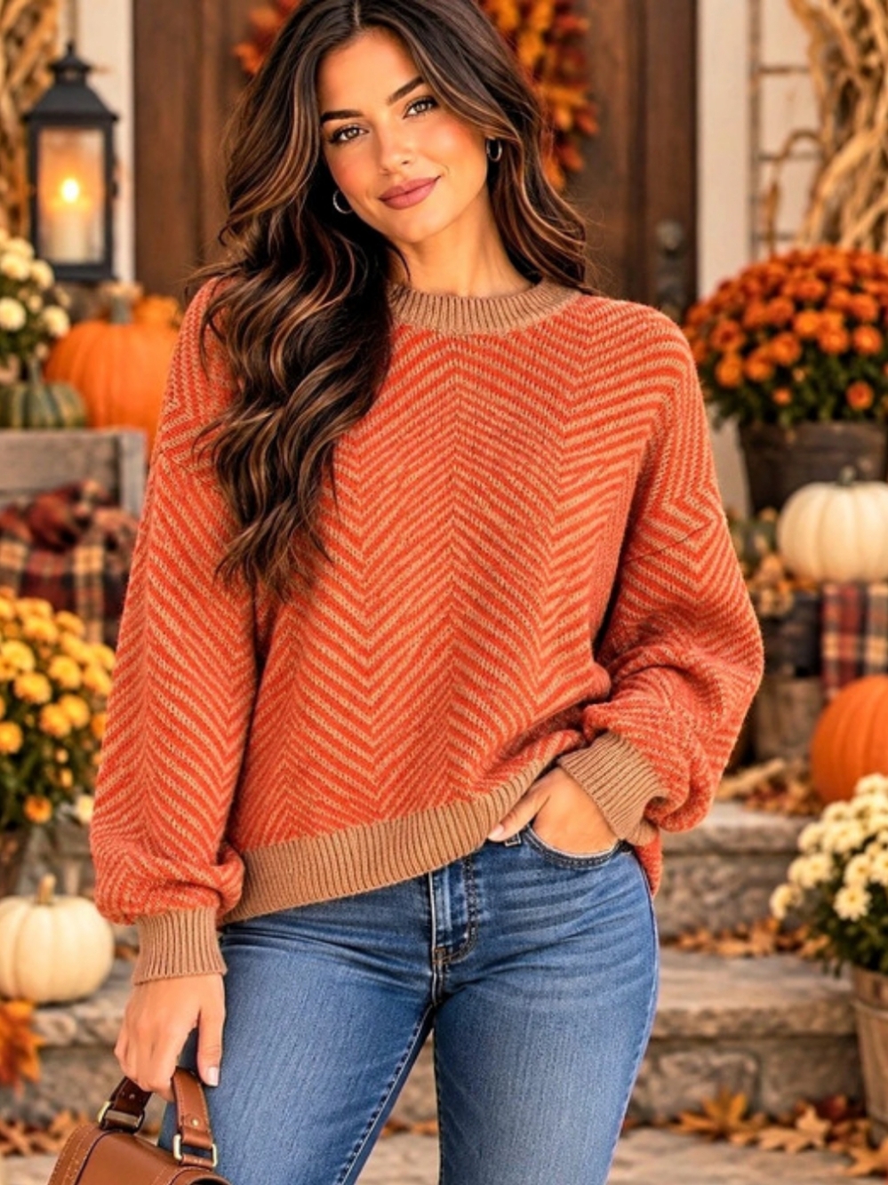 SHEIN Lune Chevron Pattern Drop Shoulder Sweater Orange & Brown L